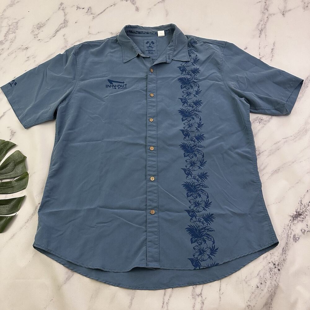 In N Out Burger Mens Hawaiian Shirt Size XXL Blue Floral Stripe Aloha Camp